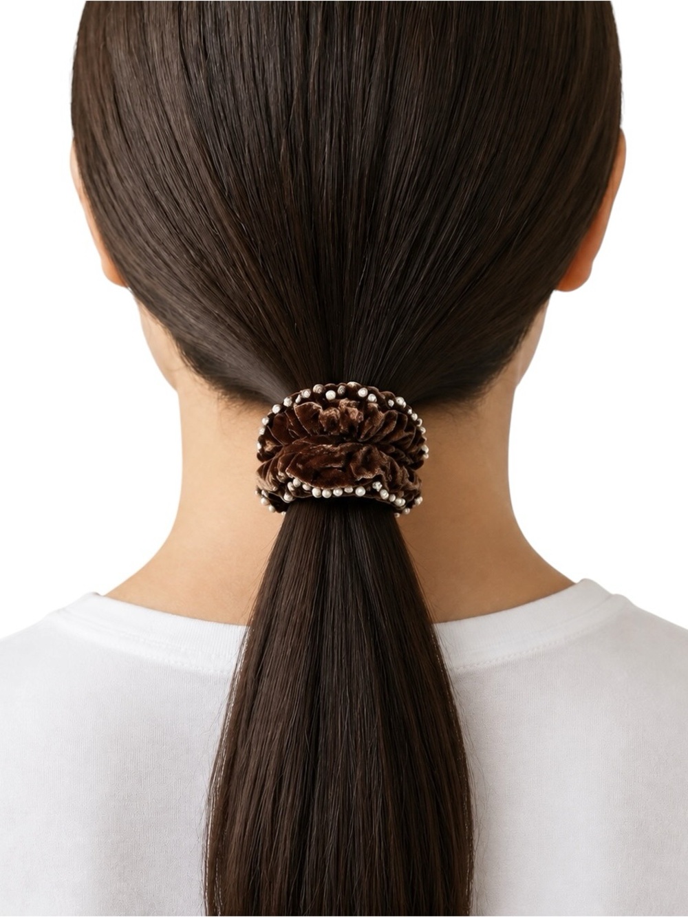 New Dark Brown Velvet Allover White Pearl Rhinestone Comfy Scrunchie Hair Tie